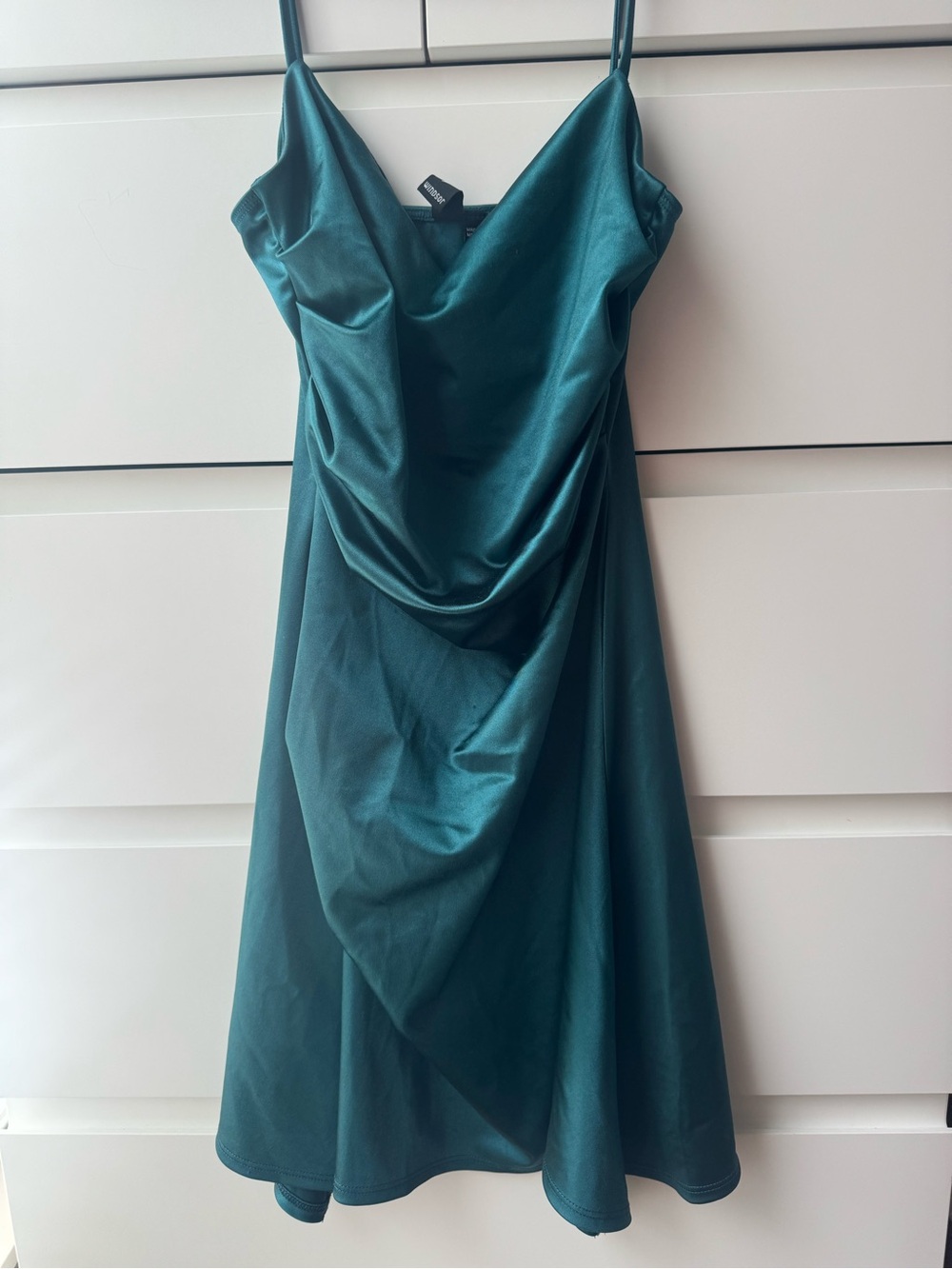 Windsor Teal Satin Cowl Mini Dress